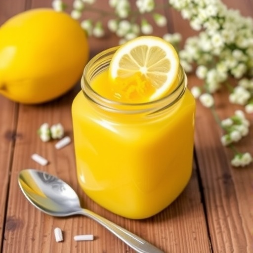 A jar of Vegan Lemon Curd with lemon slice and zest, a spoon beside it, on a wooden table.